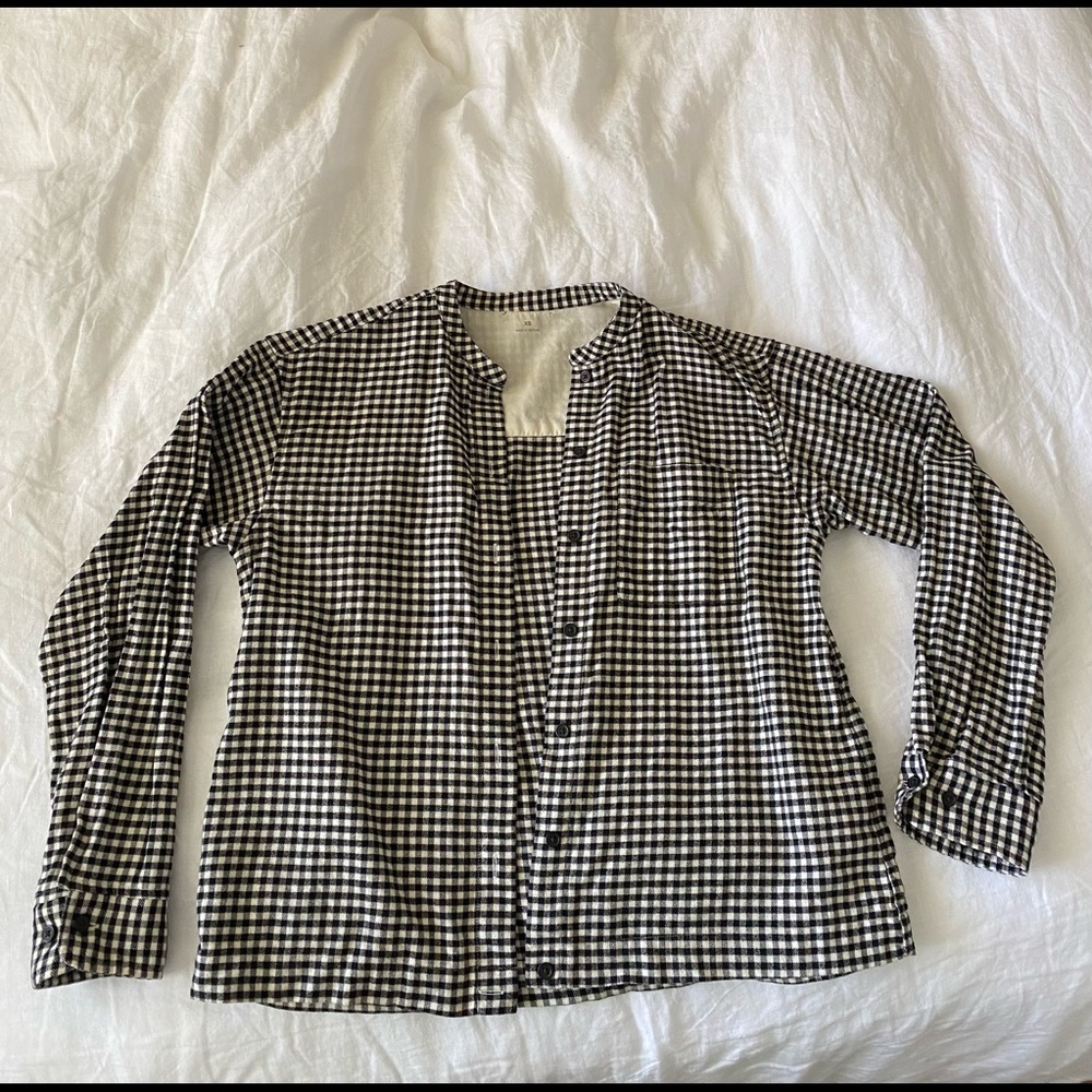 MUJI Stand Collar Black and White Plaid Checker Button-Up Shirt